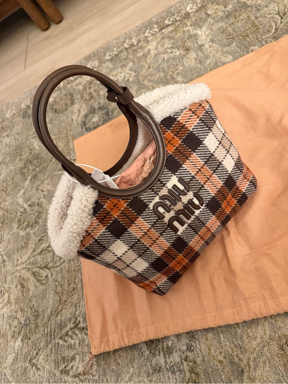 Miu Miu Orange, Brown & Cream Plaid Mini Shearling-Trim Tote